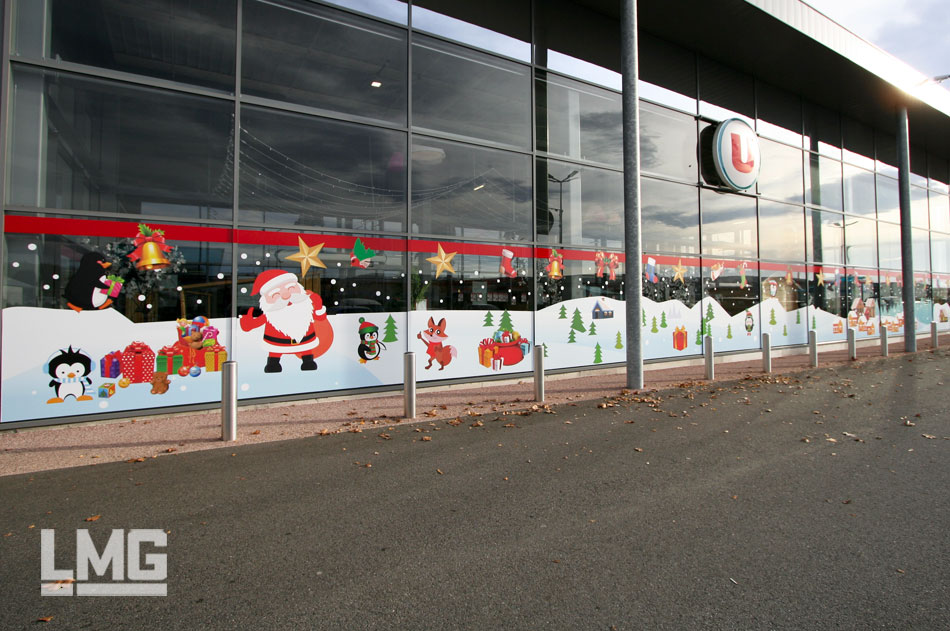 décoration vitrophanie vitrine noël adhésif supermarché toulouse