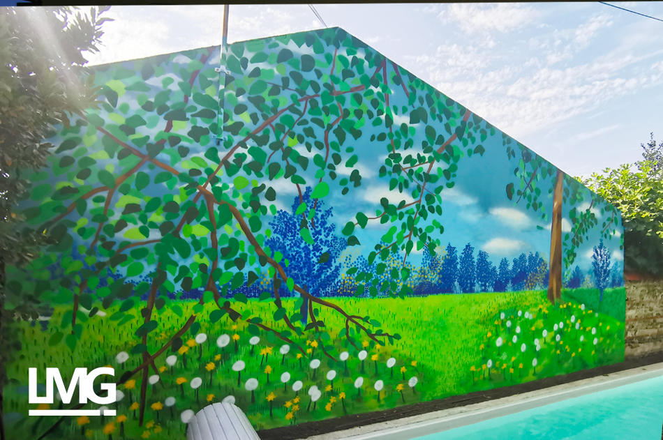 decoration peinture murale extérieure en bord de piscine pour particulier