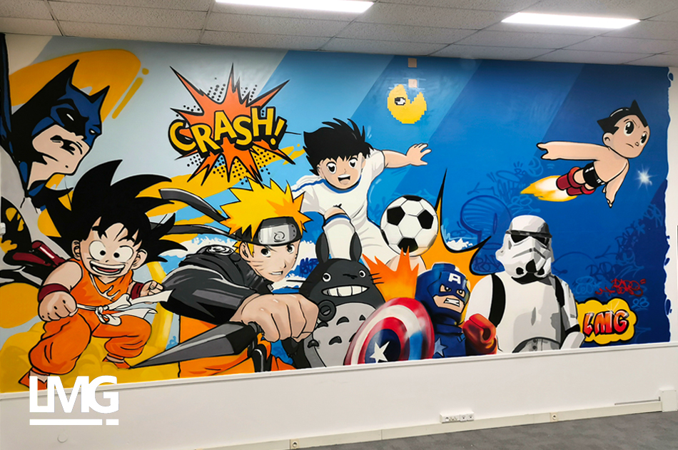 decoration peinture murale des bureaux d'entreprise avec des super héros et des héros de manga