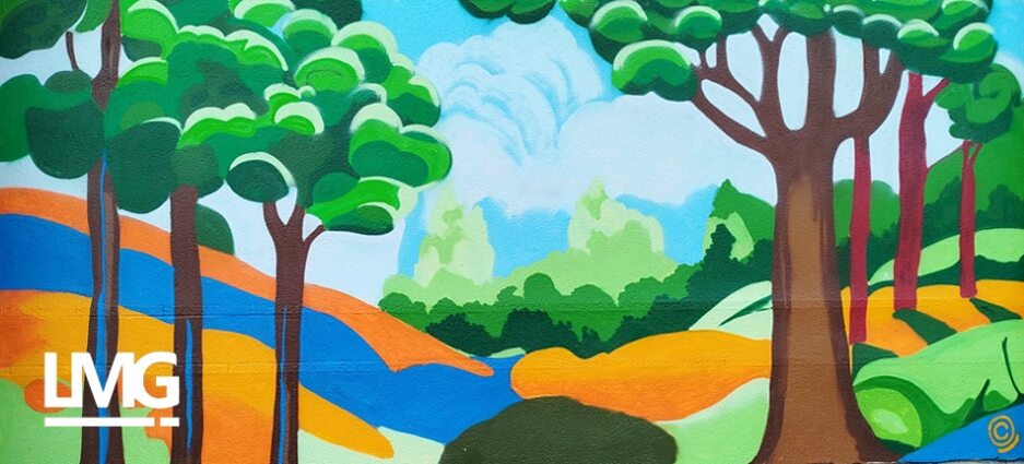 photo de peinture murale graffiti sur le gymnase de Fonsorbes réalisé par LMG